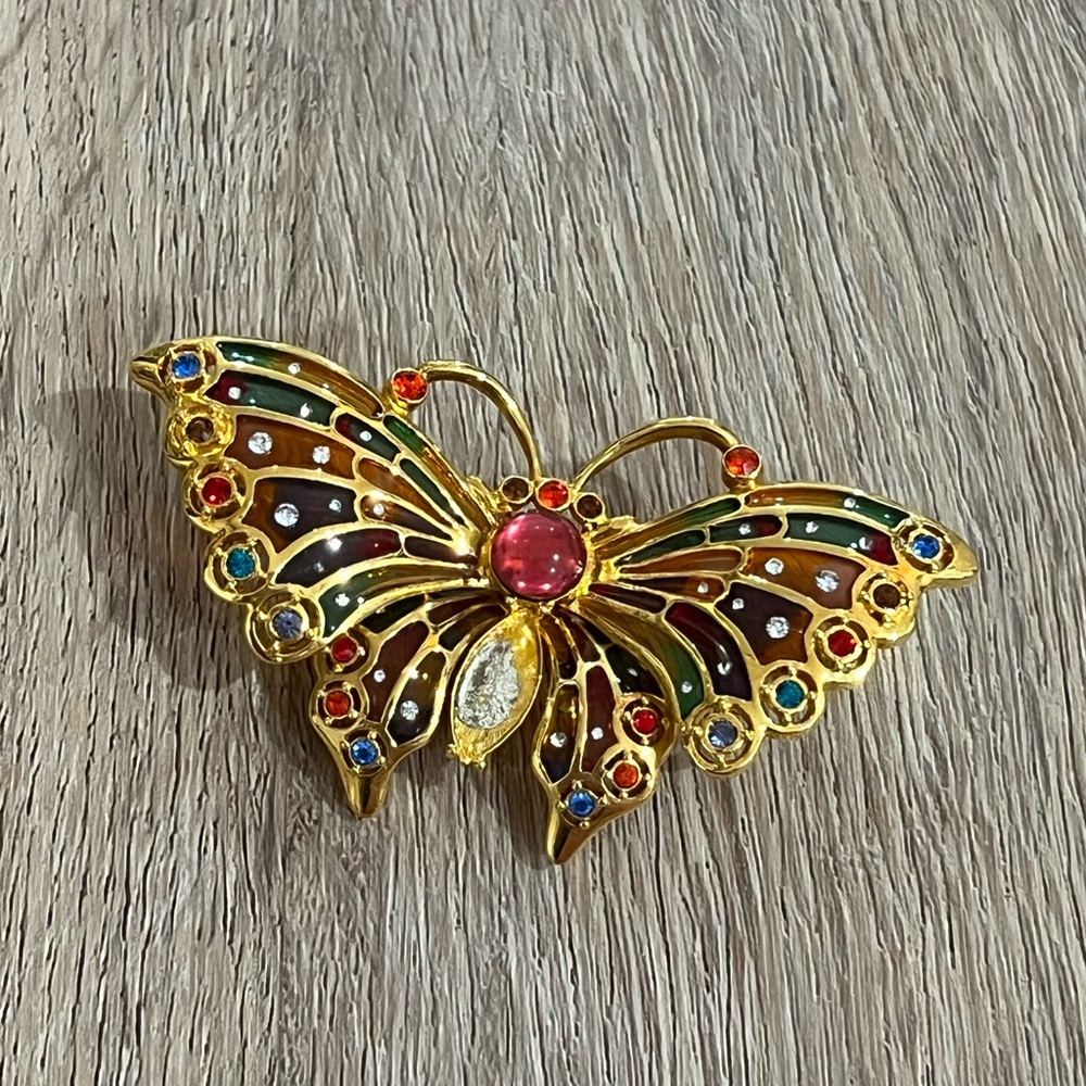 COPY - JOAN RIVERS GOLD PLIQUE DU JOUR STAINED GLASS RHINESTONE BUTTERFLY BROOCH